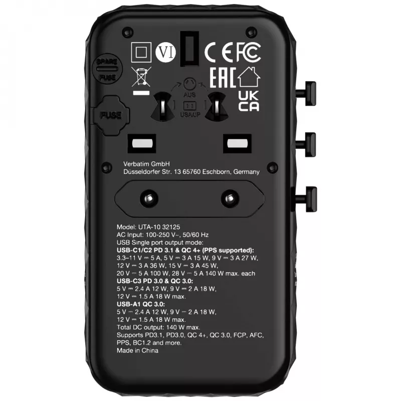 Verbatim UTA-10 adaptador de viaje universal 140W GaN III con 2 x USB-C PD 3.1 y QC 4+, 1 x USB-C PD 3.0 y 1 x conector USB-A QC 3.0