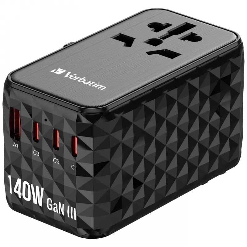 Verbatim UTA-10 adaptador de viaje universal 140W GaN III con 2 x USB-C PD 3.1 y QC 4+, 1 x USB-C PD 3.0 y 1 x conector USB-A QC 3.0