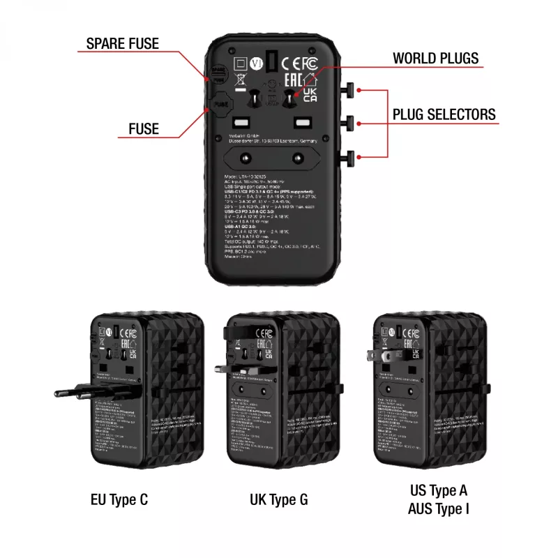 Verbatim UTA-10 adaptador de viaje universal 140W GaN III con 2 x USB-C PD 3.1 y QC 4+, 1 x USB-C PD 3.0 y 1 x conector USB-A QC 3.0