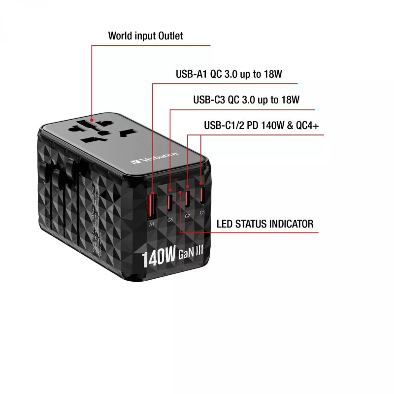 Verbatim UTA-10 adaptador de viaje universal 140W GaN III con 2 x USB-C PD 3.1 y QC 4+, 1 x USB-C PD 3.0 y 1 x conector USB-A QC 3.0