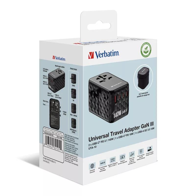 Verbatim UTA-10 adaptador de viaje universal 140W GaN III con 2 x USB-C PD 3.1 y QC 4+, 1 x USB-C PD 3.0 y 1 x conector USB-A QC 3.0
