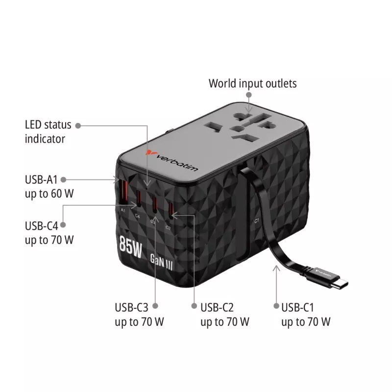 Verbatim Charge 'n' Travel Diamond 85W Cable retráctil CNT-02