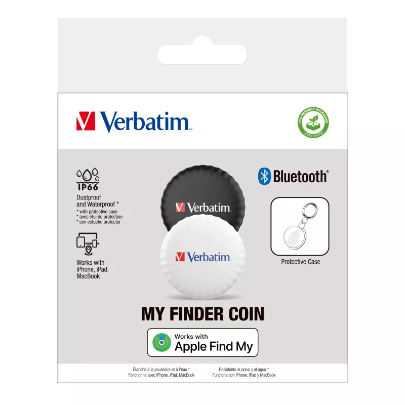 Verbatim My Finder Coin rastreador Bluetooth – pack de 2, personal, localizador, negro, blanco, resistente al polvo, resistente al agua, IP66, CR2032