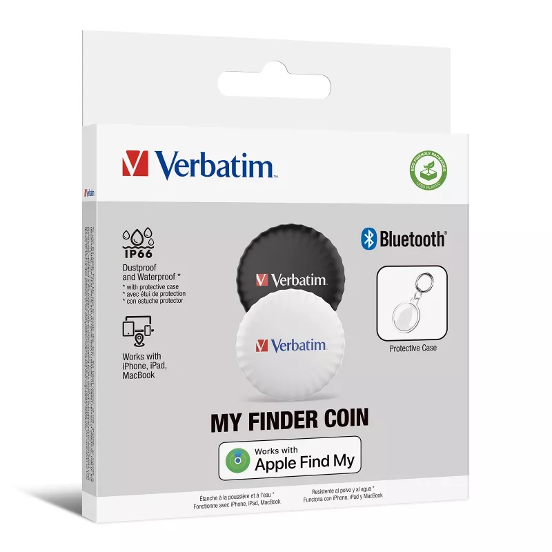 Verbatim My Finder Coin rastreador Bluetooth – pack de 2, personal, localizador, negro, blanco, resistente al polvo, resistente al agua, IP66, CR2032