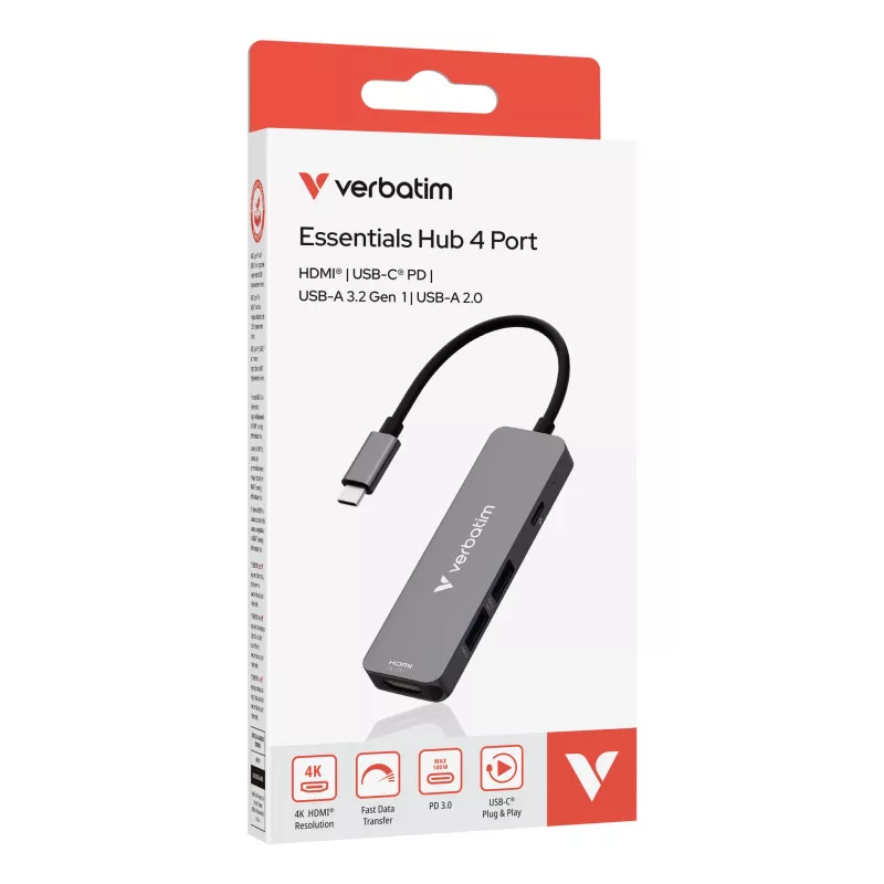 Verbatim USB-C Essentials hub multipuerto 4 puertos: HDMI, USB-C PD, USB-A 3.2 Gen 1, USB-A