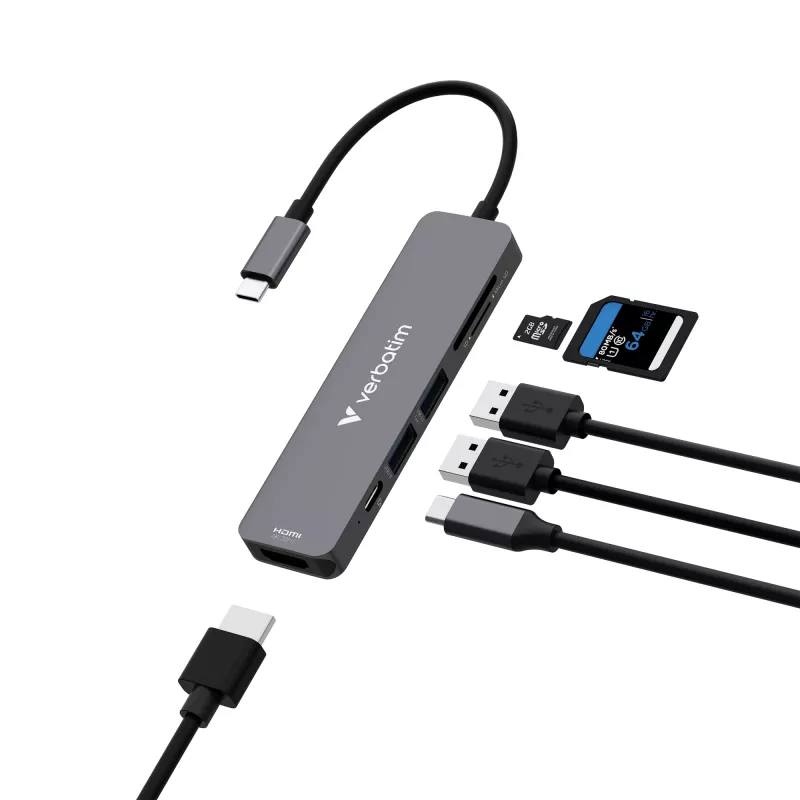 Verbatim USB-C Essentials hub multipuerto 6 puertos: HDMI, USB-C PD, USB-A 3.2 Gen 1, USB-A, SD y microSD