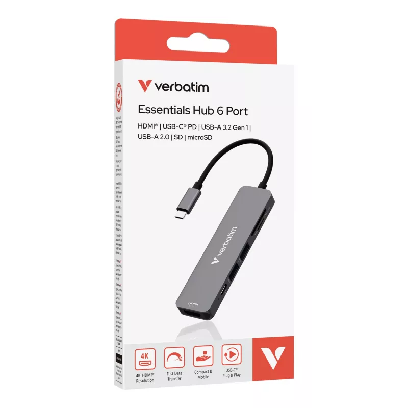 Verbatim USB-C Essentials hub multipuerto 6 puertos: HDMI, USB-C PD, USB-A 3.2 Gen 1, USB-A, SD y microSD