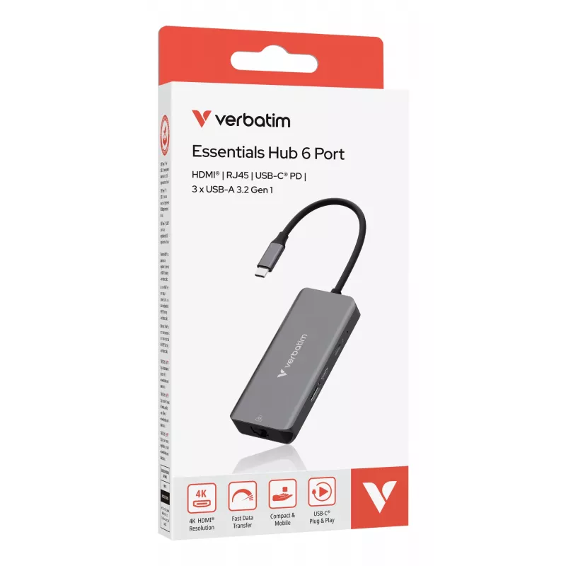 Verbatim USB-C Essentials hub multipuerto 6 puertos: RJ45, HDMI, USB-C PD, 3 x USB-A 3.2 Gen 1