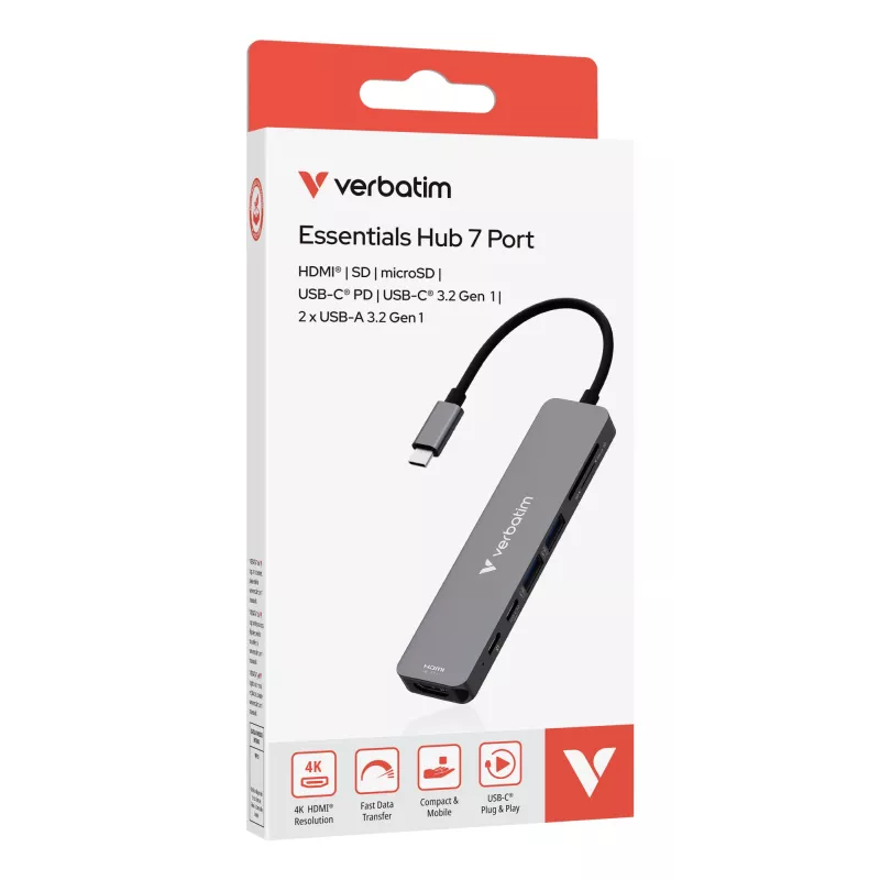 Verbatim USB-C Essentials hub multipuerto 7 puertos: HDMI, USB-C, USB-C 3.2 Gen 1, 2 x USB-A 3.2 Gen 1, SD y microSD