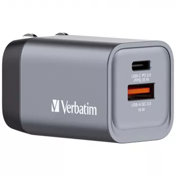 Verbatim GNC-35 Cargador GaN 35W con 1 x USB-C PD 35W / 1 x USB-A QC 3.0 (EU/UK/US)