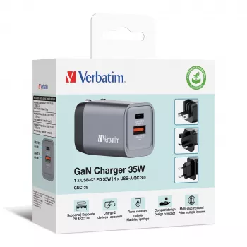 Verbatim GNC-35 Cargador GaN 35W con 1 x USB-C PD 35W / 1 x USB-A QC 3.0 (EU/UK/US)