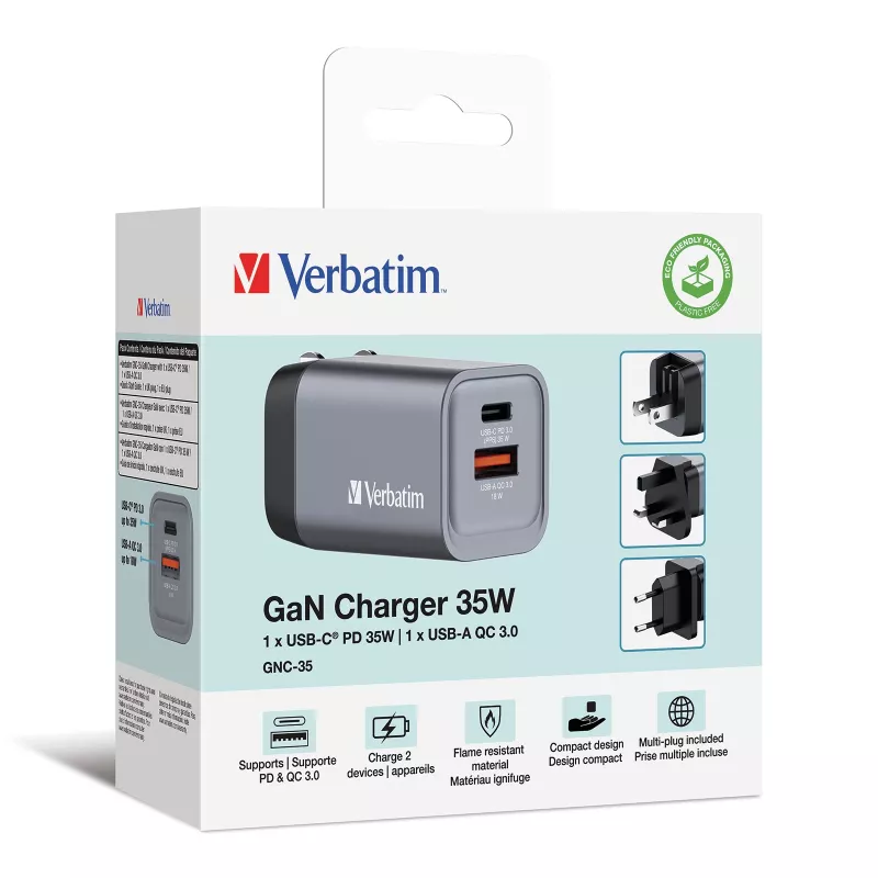 Verbatim GNC-35 Cargador GaN 35W con 1 x USB-C PD 35W / 1 x USB-A QC 3.0 (EU/UK/US)
