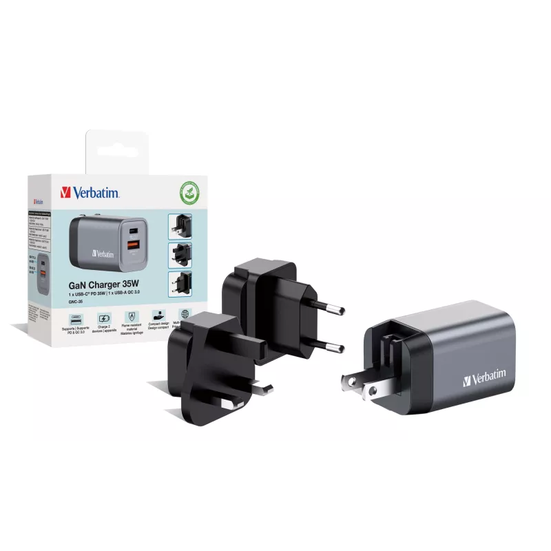 Verbatim GNC-35 Cargador GaN 35W con 1 x USB-C PD 35W / 1 x USB-A QC 3.0 (EU/UK/US)