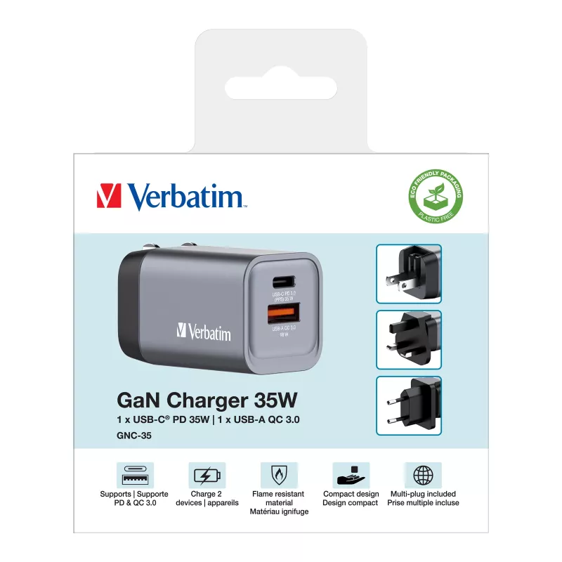 Verbatim GNC-35 Cargador GaN 35W con 1 x USB-C PD 35W / 1 x USB-A QC 3.0 (EU/UK/US)