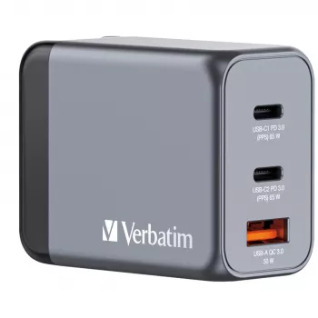 Verbatim GNC-65 Cargador GaN 65W con 2 x USB-C PD 65W / 1 x USB-A QC 3.0 (EU/UK/US)
