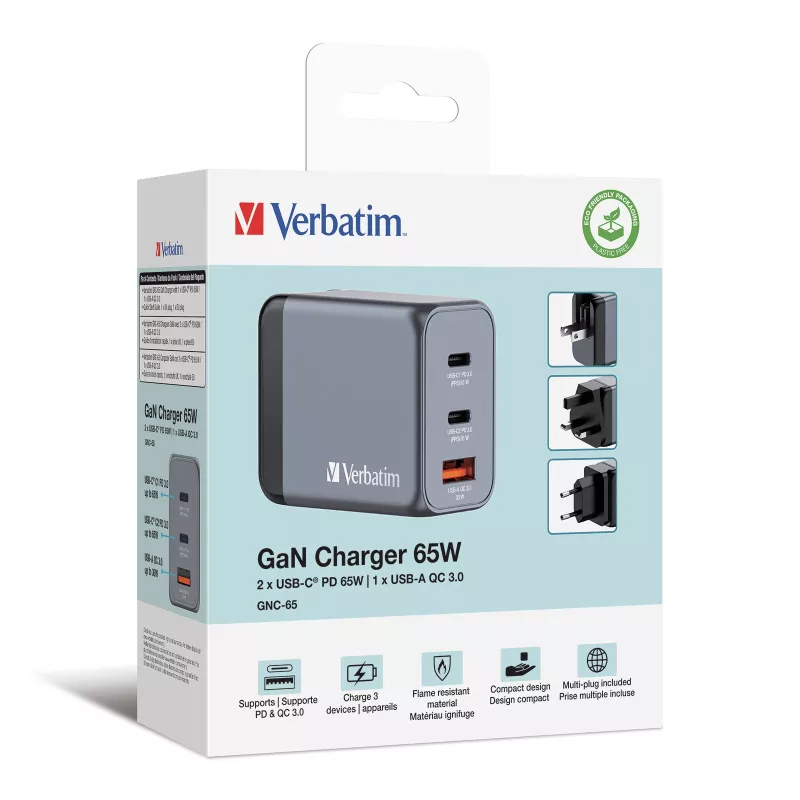Verbatim GNC-65 Cargador GaN 65W con 2 x USB-C PD 65W / 1 x USB-A QC 3.0 (EU/UK/US)
