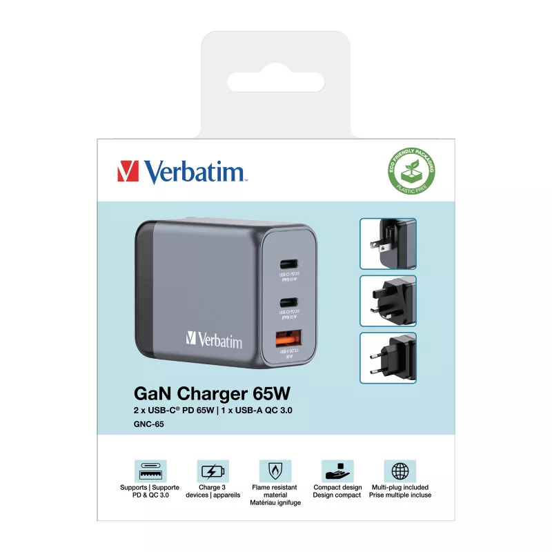 Verbatim GNC-65 Cargador GaN 65W con 2 x USB-C PD 65W / 1 x USB-A QC 3.0 (EU/UK/US)