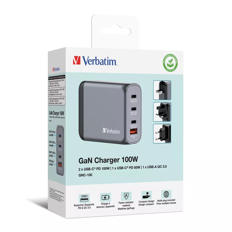 Verbatim GNC-100 Cargador GaN 100W con 2 x USB-C PD 100W / 1 x USB-C PD 65W / 1 x USB-A QC 3.0 (EU/UK/US)