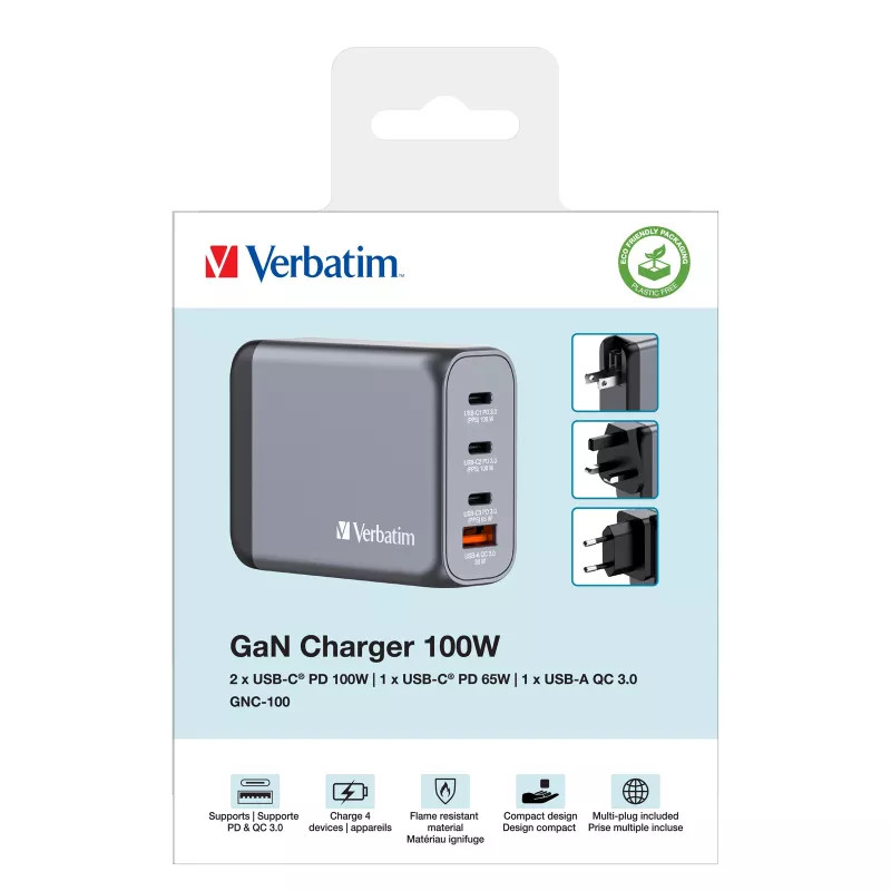 Verbatim GNC-100 Cargador GaN 100W con 2 x USB-C PD 100W / 1 x USB-C PD 65W / 1 x USB-A QC 3.0 (EU/UK/US)