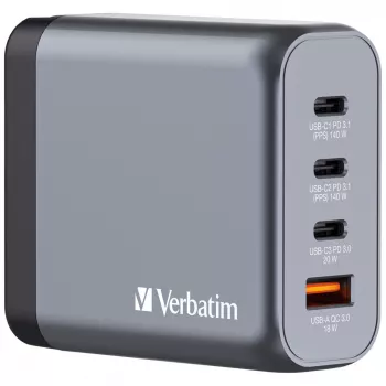 Verbatim GNC-140 Cargador GaN 140 W con 2 x USB-C PD 140 W / 1 x USB-C PD 20 W / 1 x USB-A QC 3.0 (EU/UK/US)