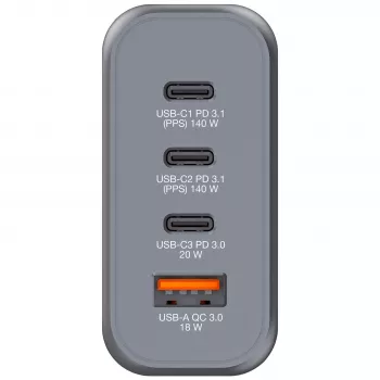 Verbatim GNC-140 Cargador GaN 140 W con 2 x USB-C PD 140 W / 1 x USB-C PD 20 W / 1 x USB-A QC 3.0 (EU/UK/US)
