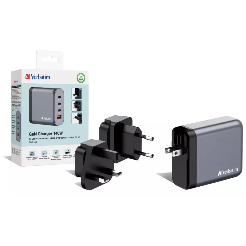 Verbatim GNC-140 Cargador GaN 140 W con 2 x USB-C PD 140 W / 1 x USB-C PD 20 W / 1 x USB-A QC 3.0 (EU/UK/US)