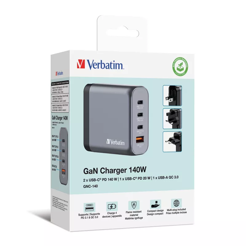 Verbatim GNC-140 Cargador GaN 140 W con 2 x USB-C PD 140 W / 1 x USB-C PD 20 W / 1 x USB-A QC 3.0 (EU/UK/US)
