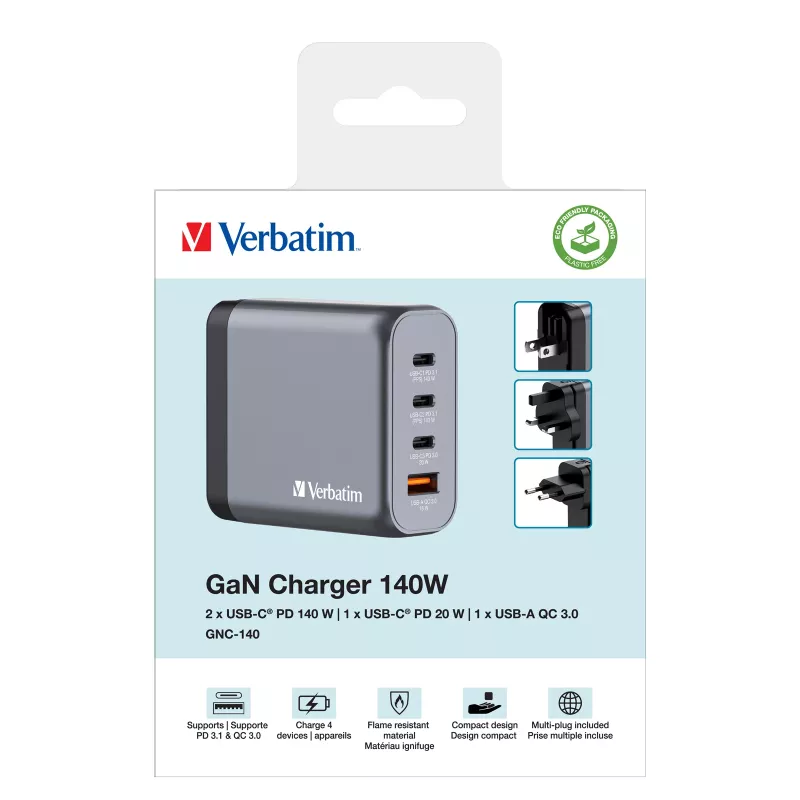 Verbatim GNC-140 Cargador GaN 140 W con 2 x USB-C PD 140 W / 1 x USB-C PD 20 W / 1 x USB-A QC 3.0 (EU/UK/US)