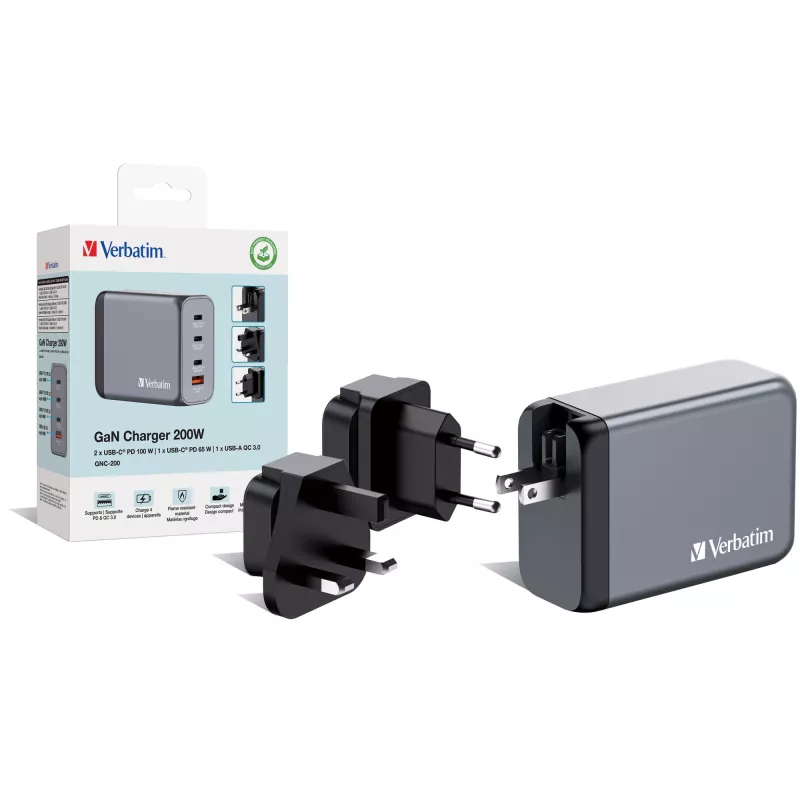 Verbatim GNC-200 Cargador GaN 200W con 2 x USB-C PD 100W / 1 x USB-C PD 65W / 1 x USB QC 3.0 (EU/UK/US)