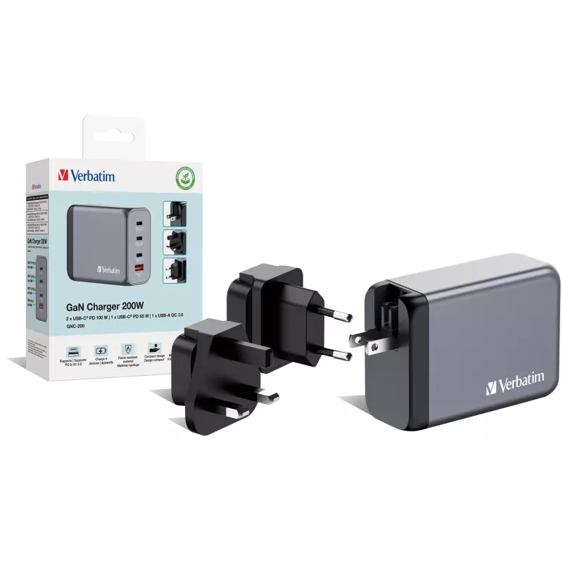 Verbatim GNC-200 Cargador GaN 200W con 2 x USB-C PD 100W / 1 x USB-C PD 65W / 1 x USB QC 3.0 (EU/UK/US)