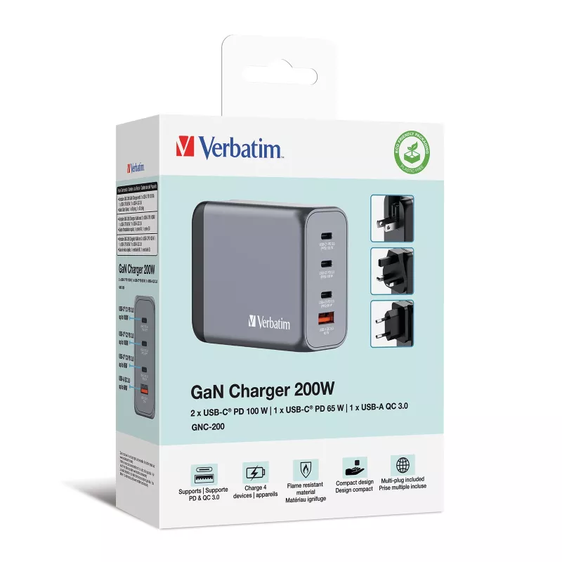 Verbatim GNC-200 Cargador GaN 200W con 2 x USB-C PD 100W / 1 x USB-C PD 65W / 1 x USB QC 3.0 (EU/UK/US)