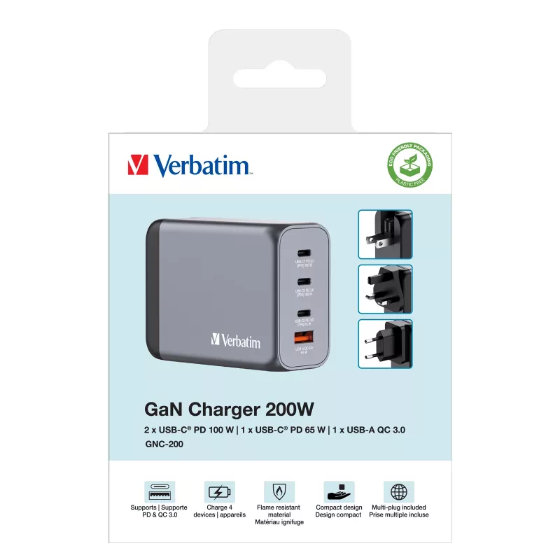 Verbatim GNC-200 Cargador GaN 200W con 2 x USB-C PD 100W / 1 x USB-C PD 65W / 1 x USB QC 3.0 (EU/UK/US)
