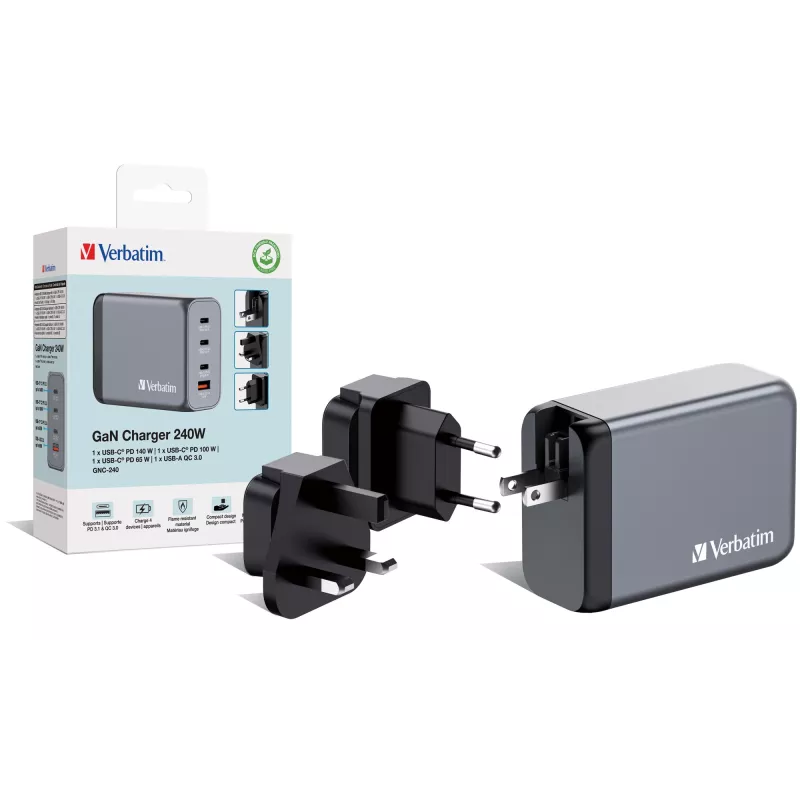 Verbatim GNC-240 Cargador GaN 240 W con 1 x USB-C 140 W / 1 x USB-C 100 W / 1 x USB-C 65 W / 1 x USB-A QC 3.0 (EU/UK/US)