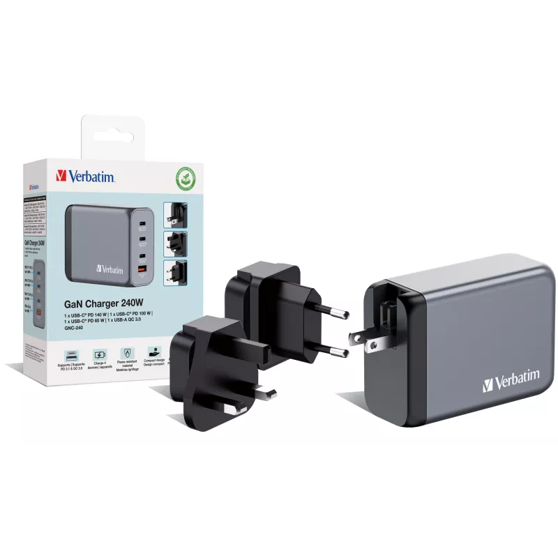 Verbatim GNC-240 Cargador GaN 240 W con 1 x USB-C 140 W / 1 x USB-C 100 W / 1 x USB-C 65 W / 1 x USB-A QC 3.0 (EU/UK/US)