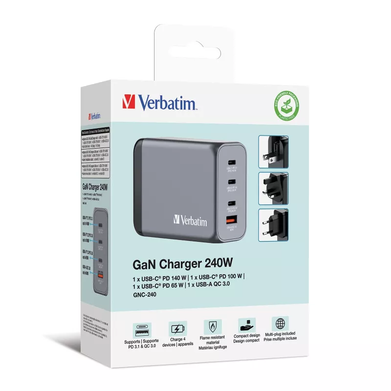 Verbatim GNC-240 Cargador GaN 240 W con 1 x USB-C 140 W / 1 x USB-C 100 W / 1 x USB-C 65 W / 1 x USB-A QC 3.0 (EU/UK/US)