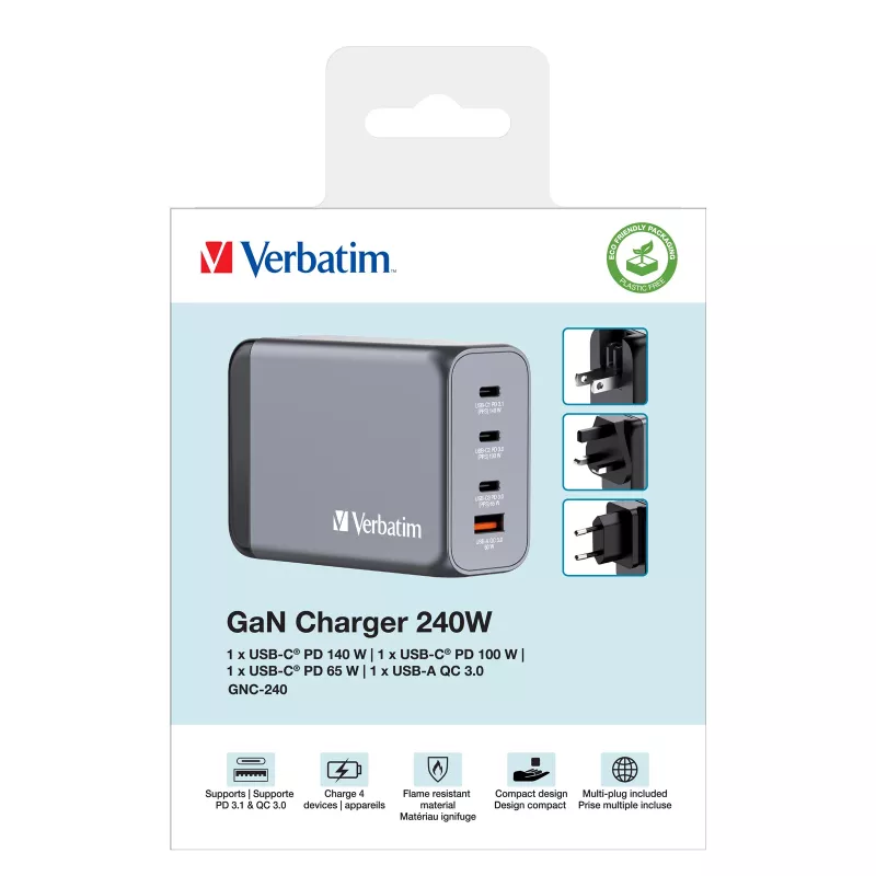 Verbatim GNC-240 Cargador GaN 240 W con 1 x USB-C 140 W / 1 x USB-C 100 W / 1 x USB-C 65 W / 1 x USB-A QC 3.0 (EU/UK/US)