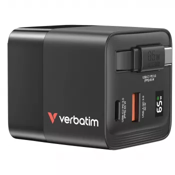 Verbatim Cargador GaN 65 W 2 puertos con cable retráctil, pantalla, conectores US y adaptadores EU y UK
