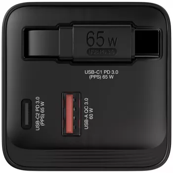 Verbatim Cargador GaN 65 W 2 puertos con cable retráctil, pantalla, conectores US y adaptadores EU y UK