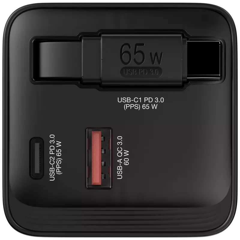 Verbatim Cargador GaN 65 W 2 puertos con cable retráctil, pantalla, conectores US y adaptadores EU y UK