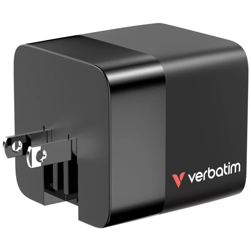 Verbatim Cargador GaN 65 W 2 puertos con cable retráctil, pantalla, conectores US y adaptadores EU y UK