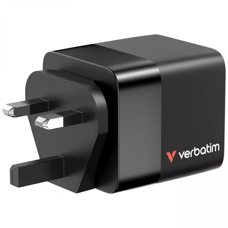 Verbatim Cargador GaN 65 W 2 puertos con cable retráctil, pantalla, conectores US y adaptadores EU y UK