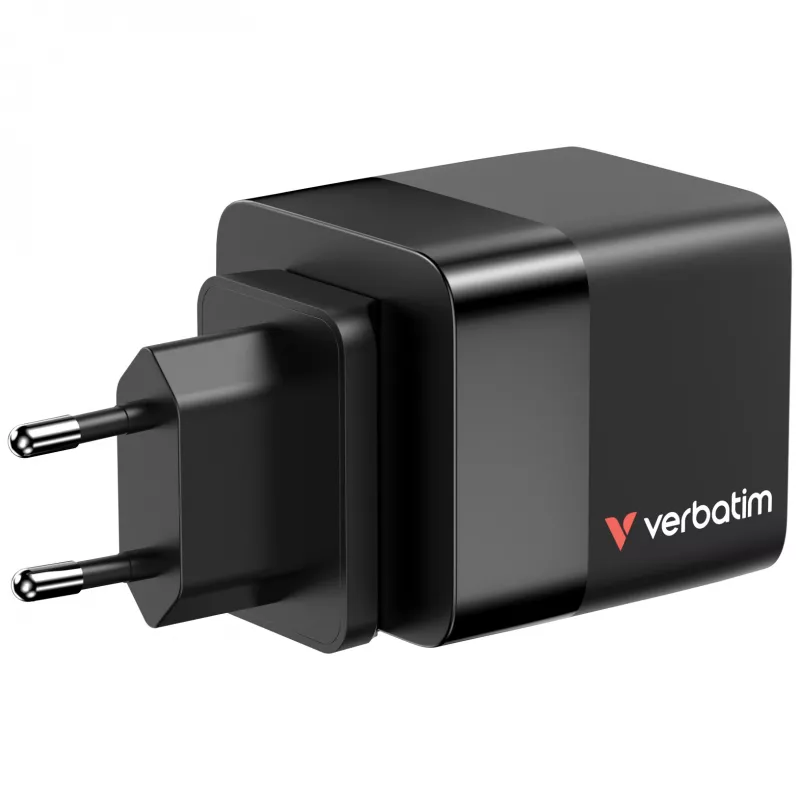 Verbatim Cargador GaN 65 W 2 puertos con cable retráctil, pantalla, conectores US y adaptadores EU y UK