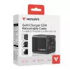 Verbatim Cargador GaN 65 W 2 puertos con cable retráctil, pantalla, conectores US y adaptadores EU y UK