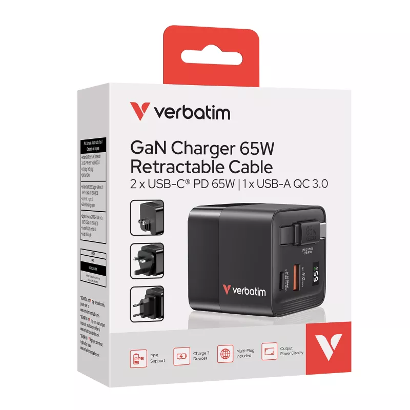 Verbatim Cargador GaN 65 W 2 puertos con cable retráctil, pantalla, conectores US y adaptadores EU y UK