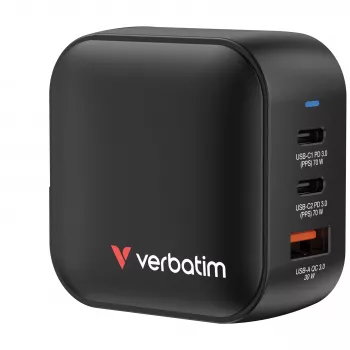 Verbatim Cargador Mini GaN 70W 3 puertos con conector US y adaptadores EU y UK