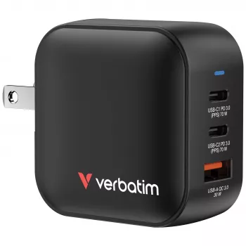 Verbatim Cargador Mini GaN 70W 3 puertos con conector US y adaptadores EU y UK