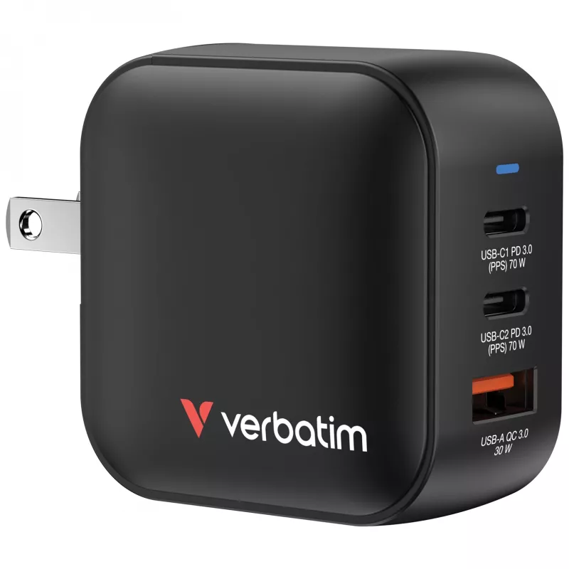 Verbatim Cargador Mini GaN 70W 3 puertos con conector US y adaptadores EU y UK