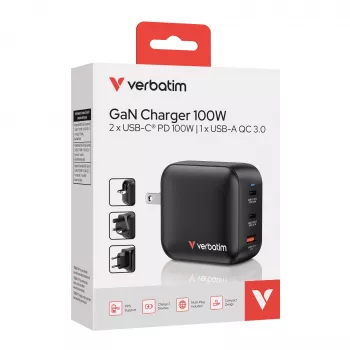 Verbatim Cargador GaN 100W universal negro carga rápida CA uso en interiores