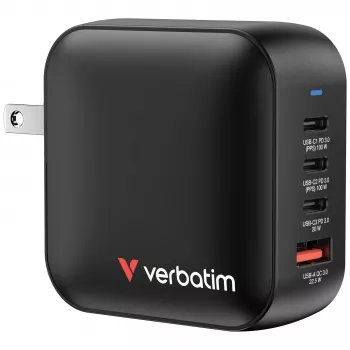 Verbatim Cargador Mini GaN 100W 4 puertos con conector US y adaptadores EU y UK
