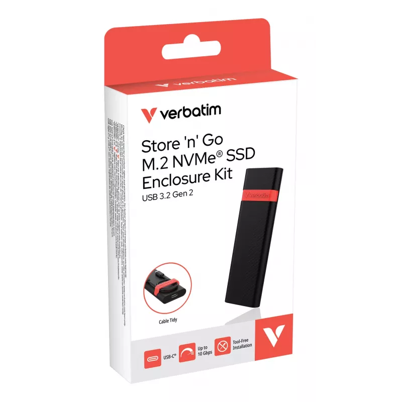 Verbatim Kit carcasa SSD M.2 NVMe, carcasa SSD, M.2, PCI Express, 10 Gbit/s, conectividad USB, Negro, Rojo